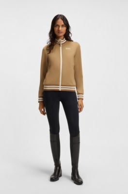 Equestrian zip cardigan with stripe trims, Beige