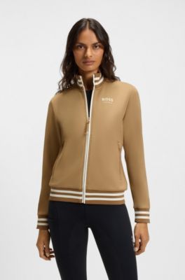 Equestrian zip cardigan with stripe trims, Beige