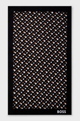 Monogram-print beach towel in cotton velvet, Black