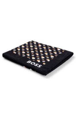 Monogram-print beach towel in cotton velvet, Black