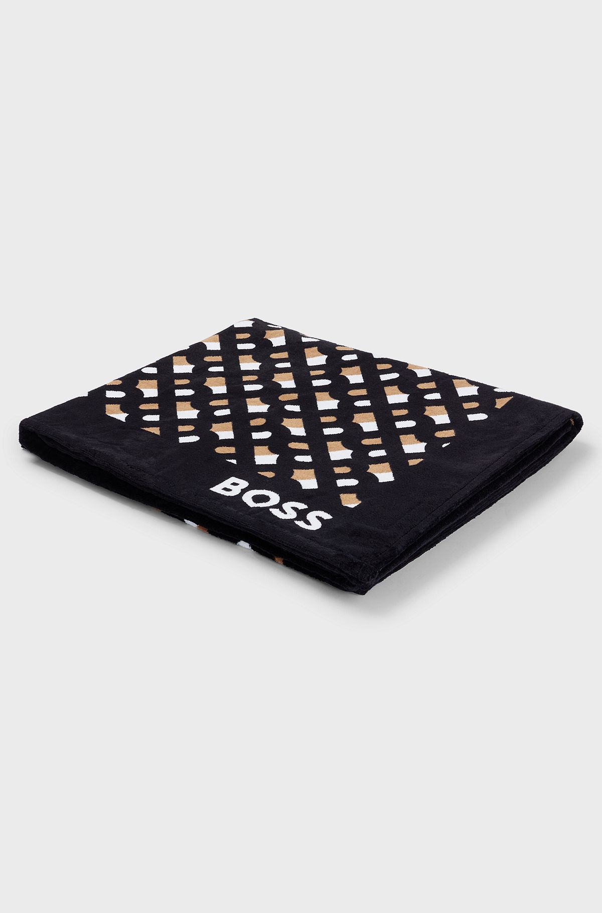 Monogram-print beach towel in cotton velvet, Black