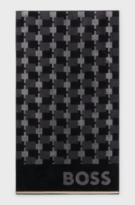 Cotton-velvet beach towel with geometric jacquard, Black Patterned