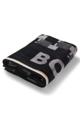 Cotton-velvet beach towel with geometric jacquard, Black Patterned