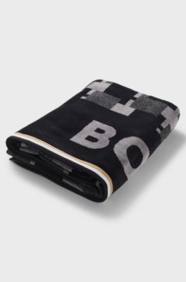 Cotton-velvet beach towel with geometric jacquard, Black Patterned