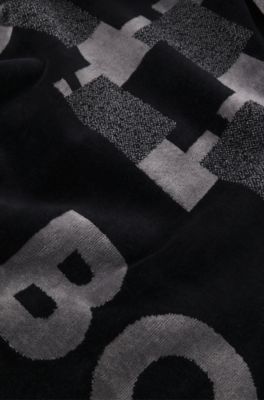 Cotton-velvet beach towel with geometric jacquard, Black Patterned