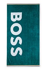 Cotton beach towel with logo and signature stripes, Dark Green