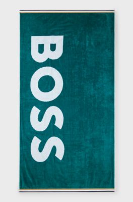 Cotton beach towel with logo and signature stripes, Dark Green