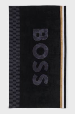 Cotton velvet-jacquard beach towel with logo, Black