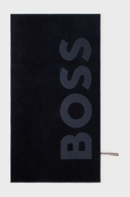 Cotton-velvet beach towel with sculpted logo, Black