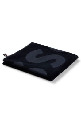 Cotton-velvet beach towel with sculpted logo, Black