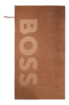 BOSS - Cotton-velvet beach towel with sculpted logo - Light Brown