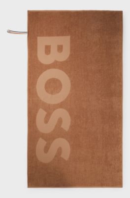 Cotton-velvet beach towel with sculpted logo, Light Brown