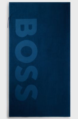 Cotton-velvet beach towel with sculpted logo, Blue