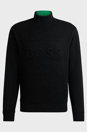 Wool zip-up sweater with windproof lining, Black