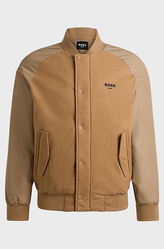 Varsity-style down jacket with wool and cashmere, Beige