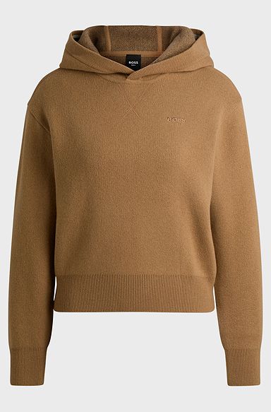 Pull-over hoodie in Italian cashmere with logo details, Beige