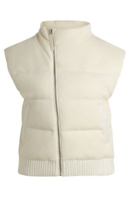 Asymmetric mixed-material gilet with goose-down filling, White