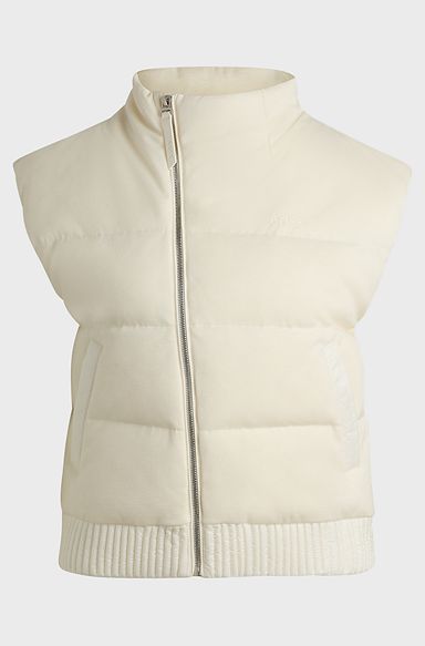 Asymmetric mixed-material gilet with goose-down filling, White