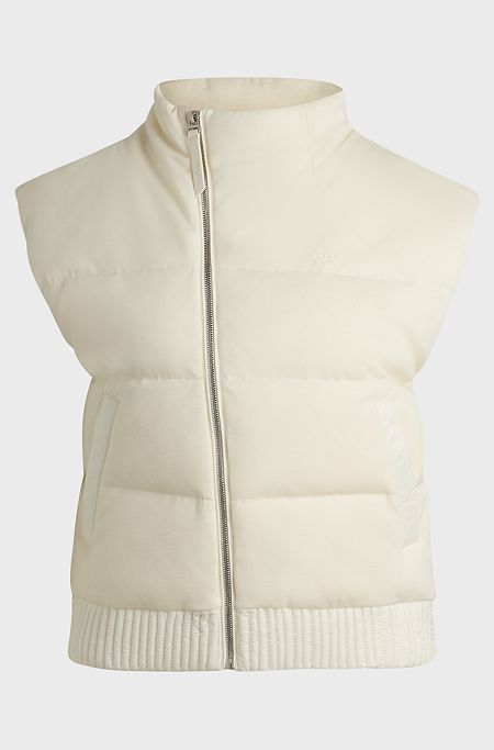 Asymmetric mixed-material gilet with goose-down filling, White