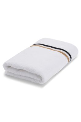 Cotton-terry bath sheet with signature-stripe ribbon, White
