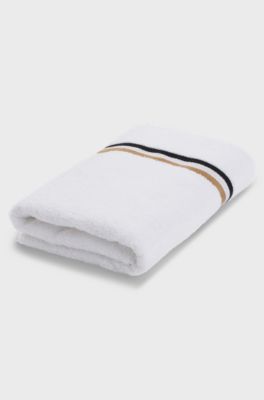 Cotton-terry bath sheet with signature-stripe ribbon, White