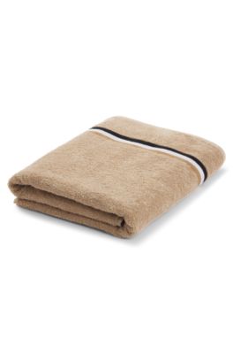 Cotton-terry bath sheet with signature-stripe ribbon, Beige