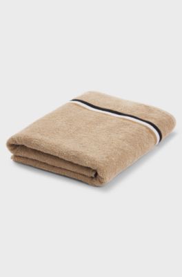 Cotton-terry bath sheet with signature-stripe ribbon, Beige