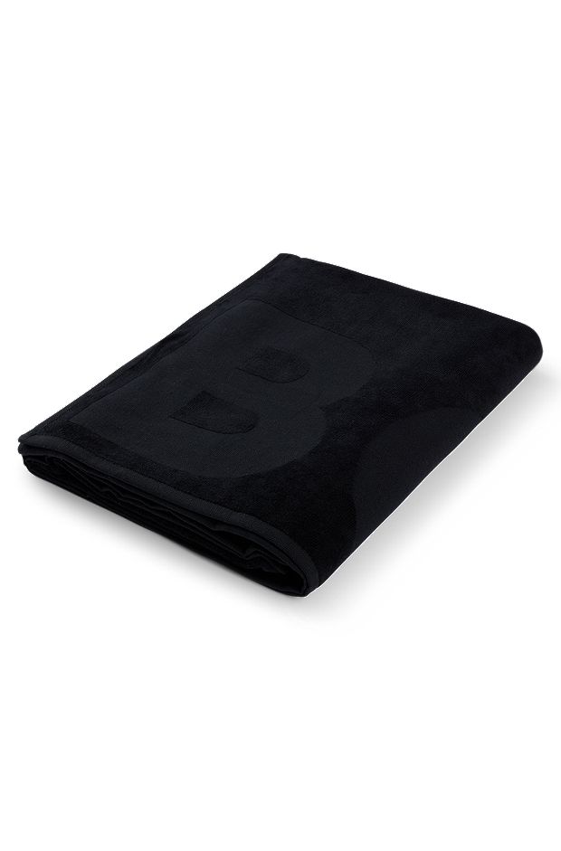 Cotton bath sheet with logo and signature-stripe strap, Dark Grey