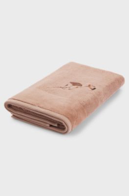 Cotton bath towel with embroidered florals and velvet stripe, Light Brown