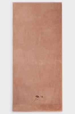 Cotton bath towel with embroidered florals and velvet stripe, Light Brown