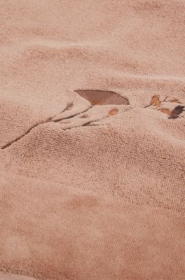 Serviette de bain en coton &agrave; fleurs brod&eacute;es et rayure en velours, Brun chin&eacute;