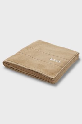 Serviette de bain en coton avec logo brod&eacute; blanc, Beige