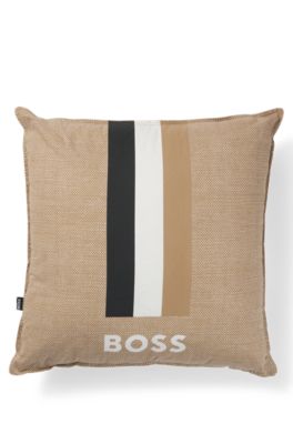 Printed cushion with logo and signature stripe, Beige