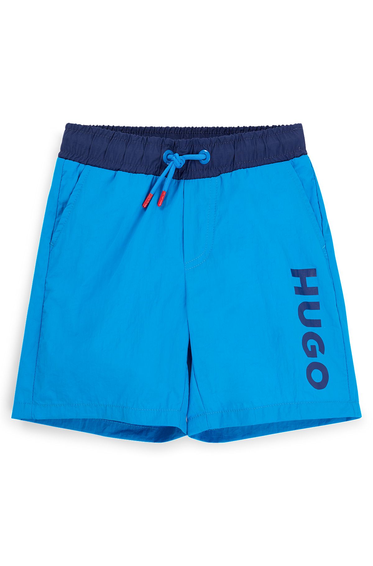 Kids' quick-dry swim shorts with vertical logo, Blue
