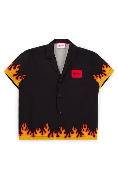 Kids' shirt with flame artwork and logo label, Black