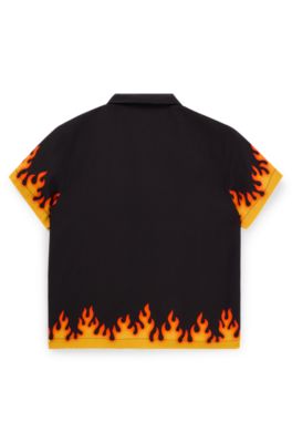 Kinderoverhemd met vlammenartwork en logolabel, Zwart