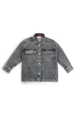 Kids' washed-black overshirt in cotton denim, Patterned