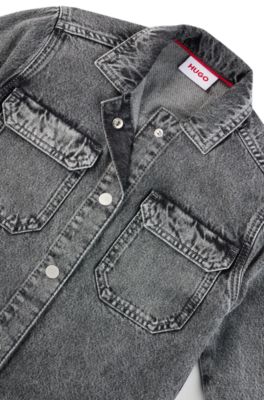 Kids' washed-black overshirt in cotton denim, Patterned