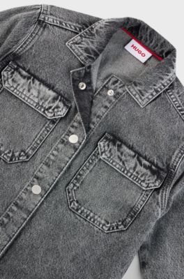 Kids' washed-black overshirt in cotton denim, Patterned