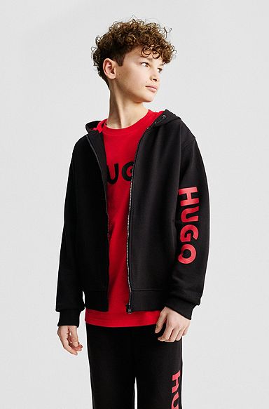 Kids’ zip-up hoodie with sleeve logo, Black