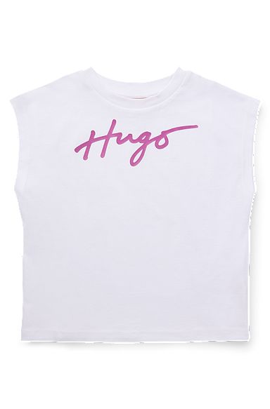 Ærmeløs T-shirt i bomuld til børn med metallisk logo i håndskrevet stil, Hvid