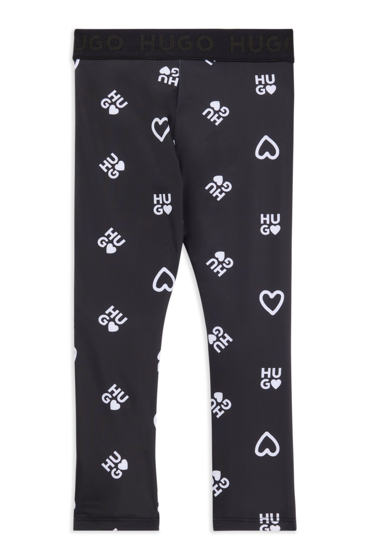 Kids' stretch leggings with hearts and logo print, Black