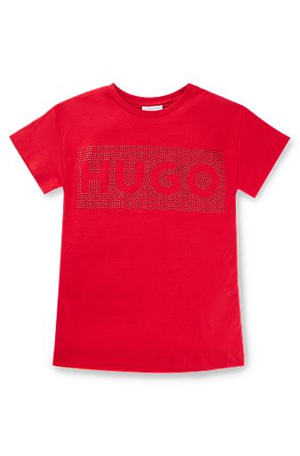 Vestido de t-shirt em jersey de algodão para criança com logótipo bordado com tachas, Vermelho
