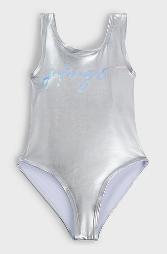 Kids' mirror-effect swimsuit with metallic logo, Silver