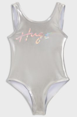Kids' mirror-effect swimsuit with metallic logo, Silver