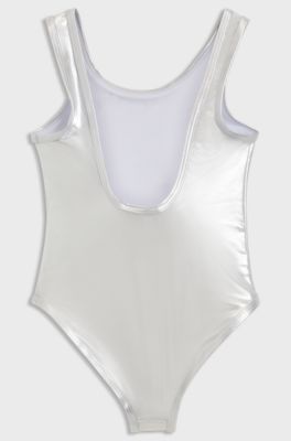 Kids' mirror-effect swimsuit with metallic logo, Silver