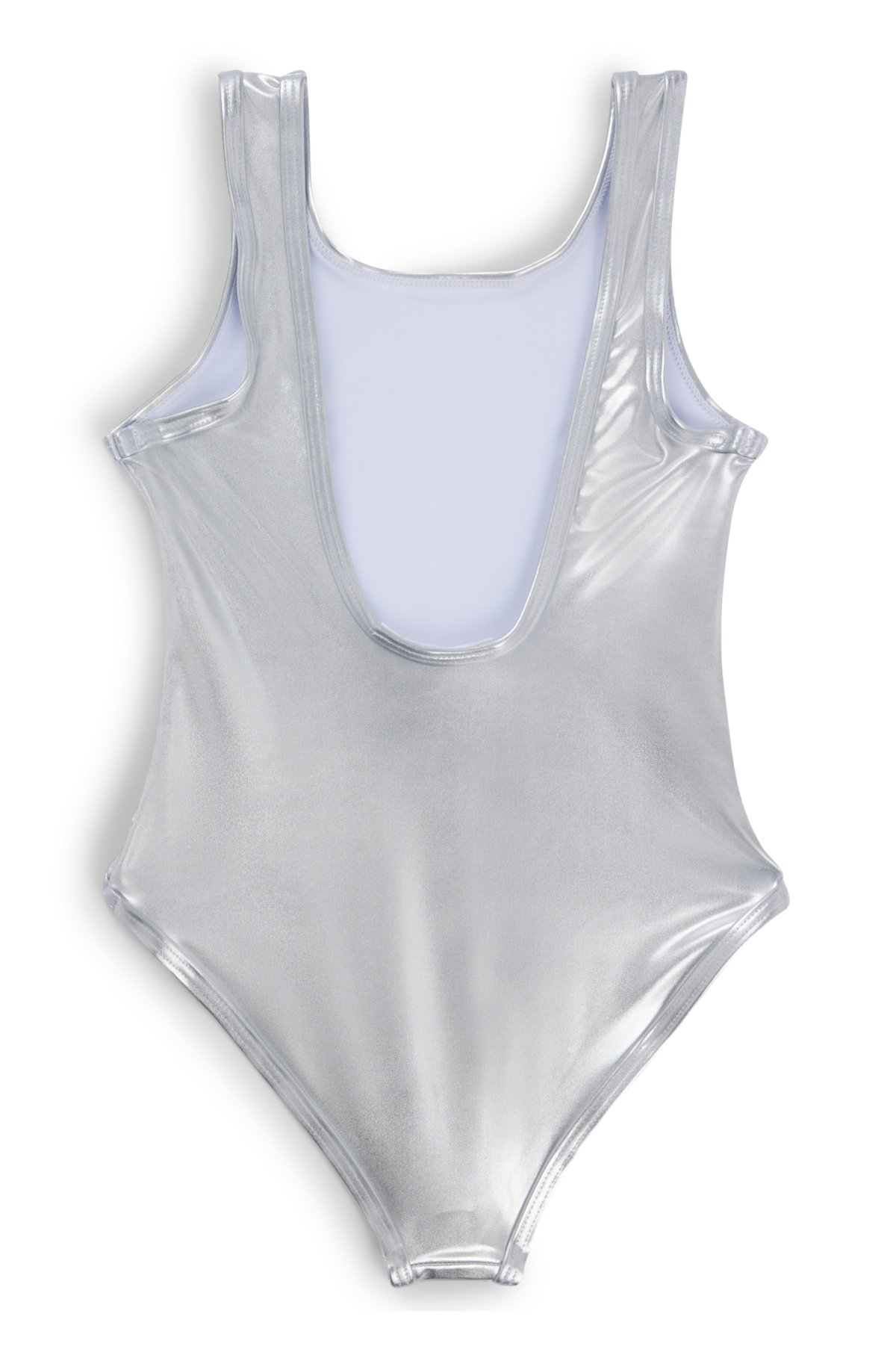 Kids' mirror-effect swimsuit with metallic logo, Silver