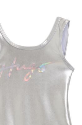 Kids' mirror-effect swimsuit with metallic logo, Silver