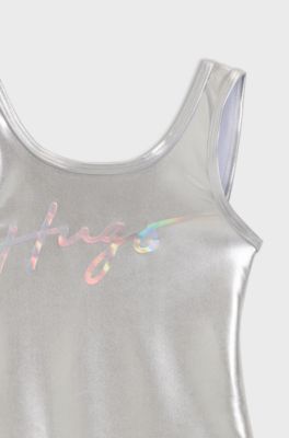Costume da bagno da bambina effetto specchiato con logo metallizzato, Argento