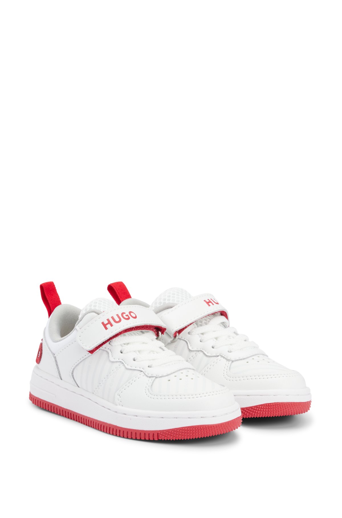 Kids' branded-strap trainers in faux leather and mesh, White